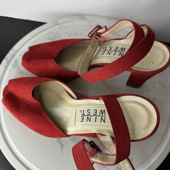 Nine West N-Ashia Vintage Red Leather Peep Toe Slingback‎ Wrap Heels Size 6M - Picture 4 of 9